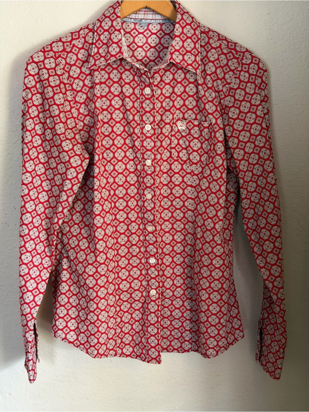 Cinch Red Geometric Print Western Snap Front Long Sleeve Shirt Women M